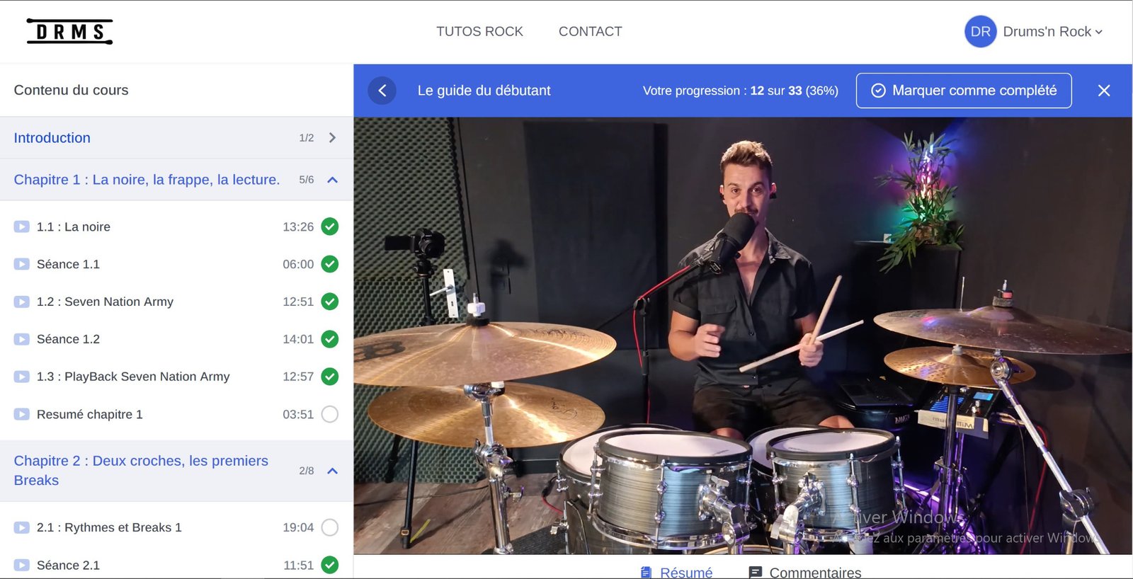 Espace de cours Drums'n'Rock avec progression et leçons vidéo